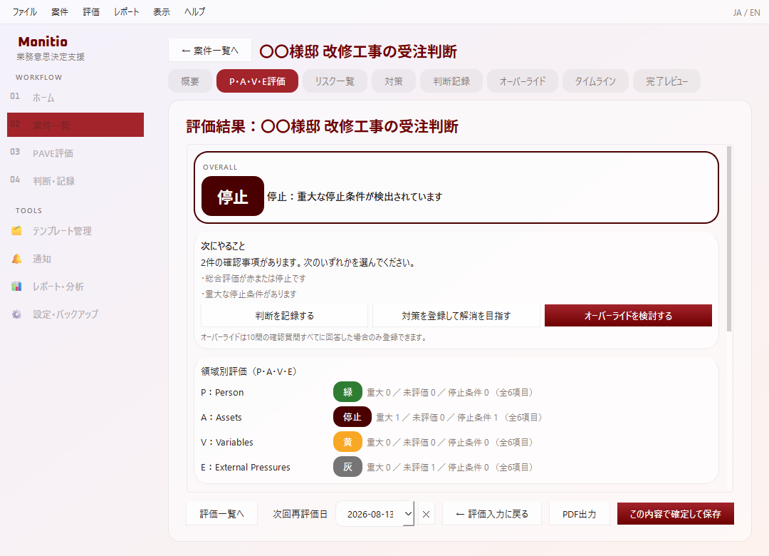 Monitio 評価結果画面
