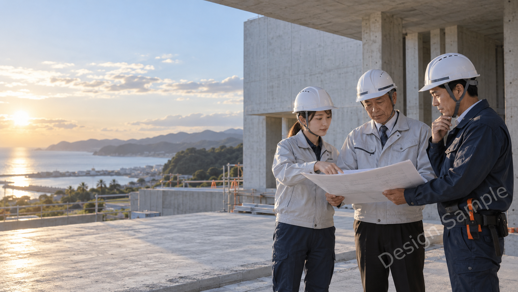 建設現場で図面を確認する技術者たち