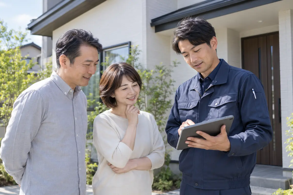住宅の前で説明を受ける家族